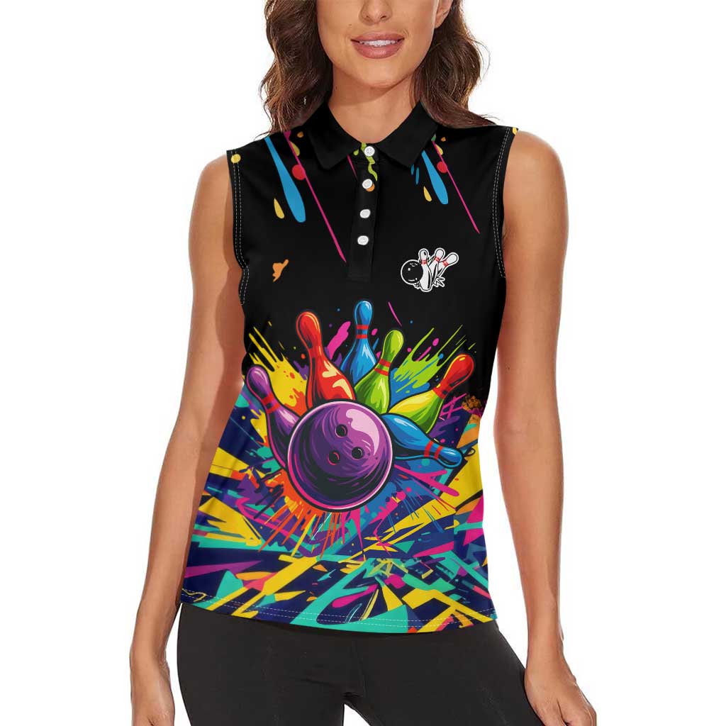 Colorful Bowling Ball and Pins Graphic Women Sleeveless Polo Shirt Custom with Paint Splash - Wonder Print Shop