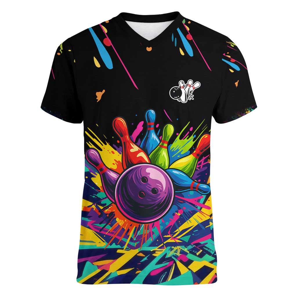 Colorful Bowling Ball and Pins Graphic Women V-Neck T-Shirt Custom with Paint Splash - Wonder Print Shop