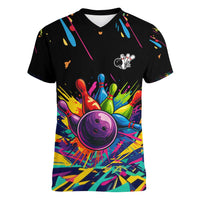 Colorful Bowling Ball and Pins Graphic Women V-Neck T-Shirt Custom with Paint Splash - Wonder Print Shop