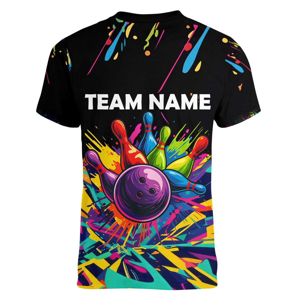 Colorful Bowling Ball and Pins Graphic Women V-Neck T-Shirt Custom with Paint Splash - Wonder Print Shop