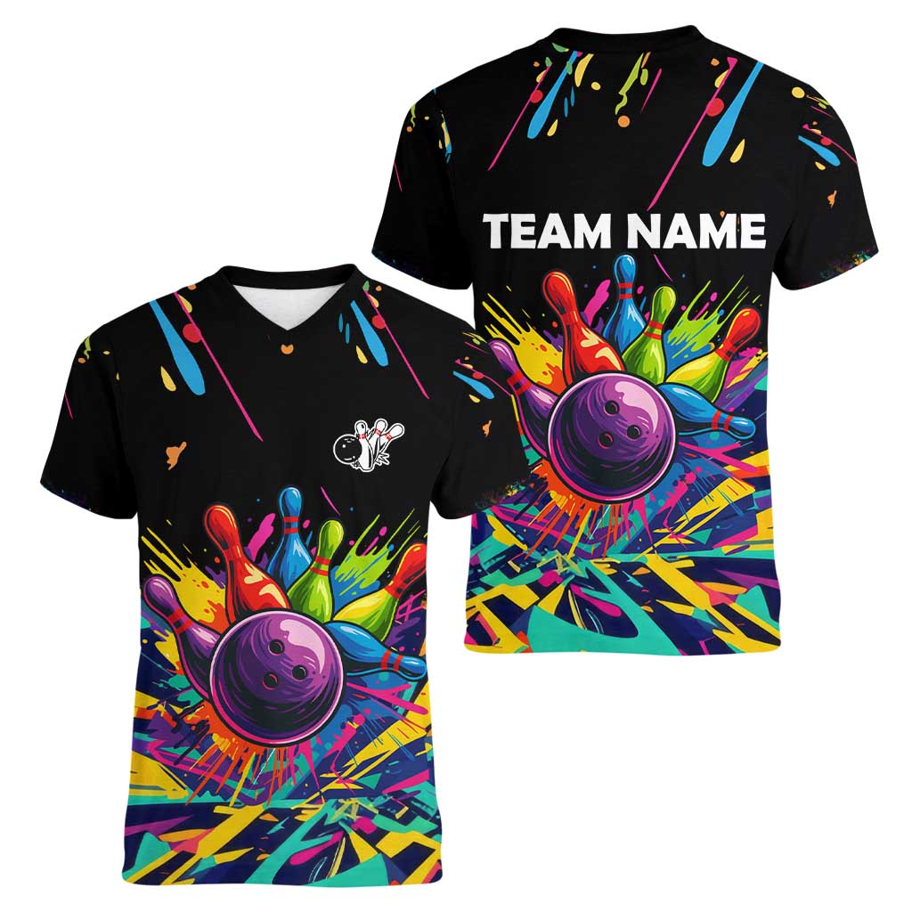 Colorful Bowling Ball and Pins Graphic Women V-Neck T-Shirt Custom with Paint Splash - Wonder Print Shop