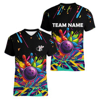 Colorful Bowling Ball and Pins Graphic Women V-Neck T-Shirt Custom with Paint Splash - Wonder Print Shop