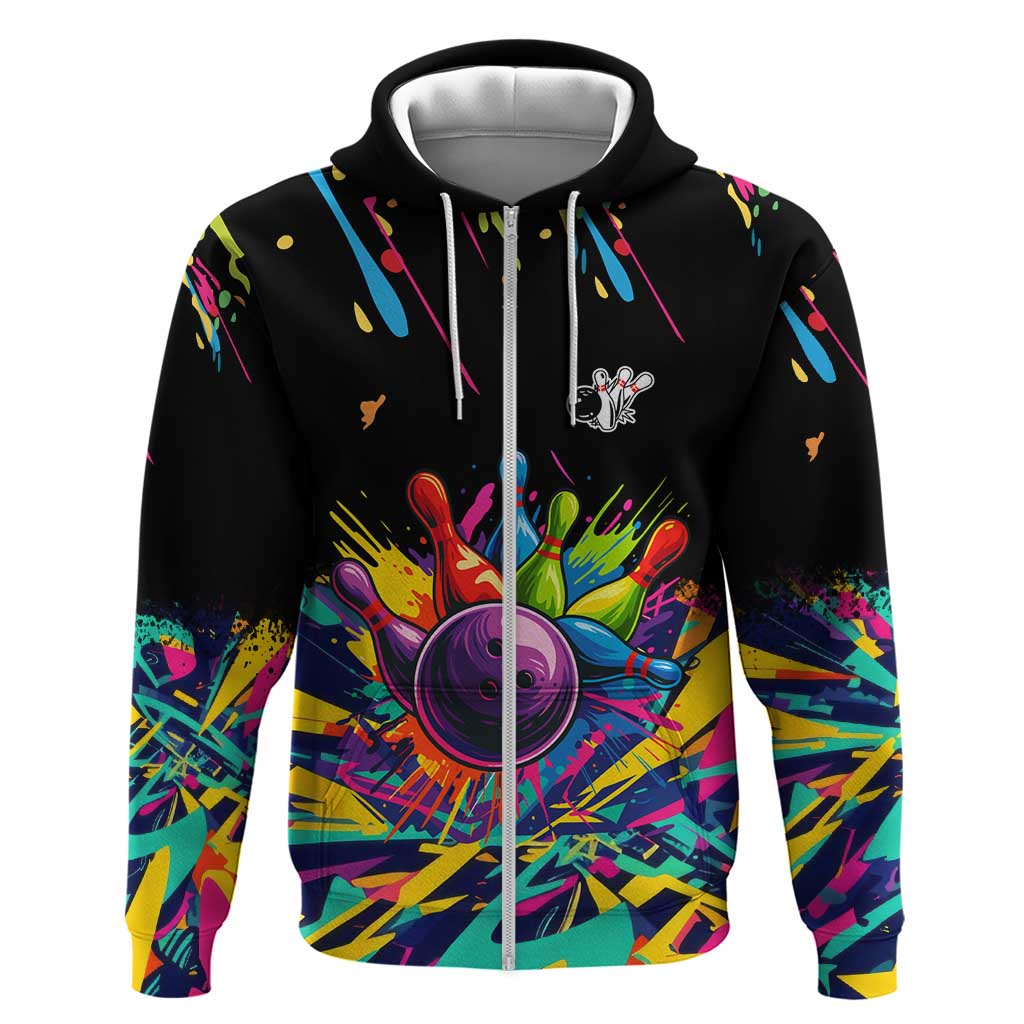 Colorful Bowling Ball and Pins Graphic Zip Hoodie Custom with Paint Splash - Wonder Print Shop