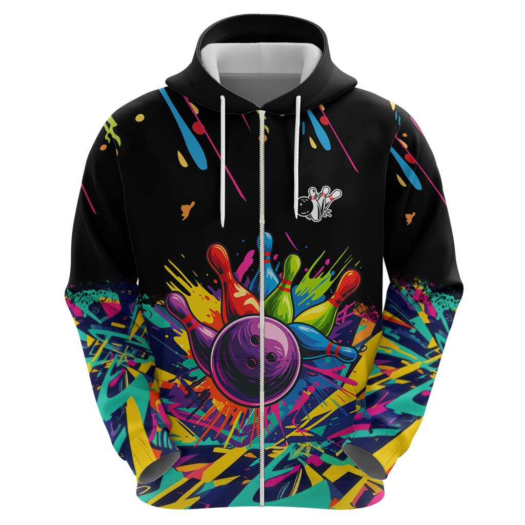 Colorful Bowling Ball and Pins Graphic Zip Hoodie Custom with Paint Splash - Wonder Print Shop