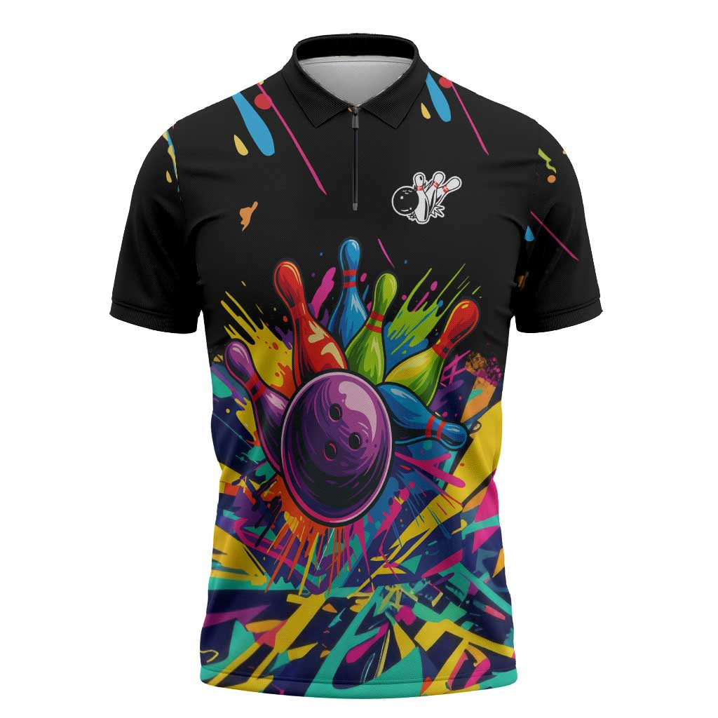 Colorful Bowling Ball and Pins Graphic Zipper Polo Shirt Custom with Paint Splash - Wonder Print Shop