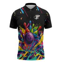 Colorful Bowling Ball and Pins Graphic Zipper Polo Shirt Custom with Paint Splash - Wonder Print Shop