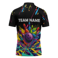 Colorful Bowling Ball and Pins Graphic Zipper Polo Shirt Custom with Paint Splash - Wonder Print Shop
