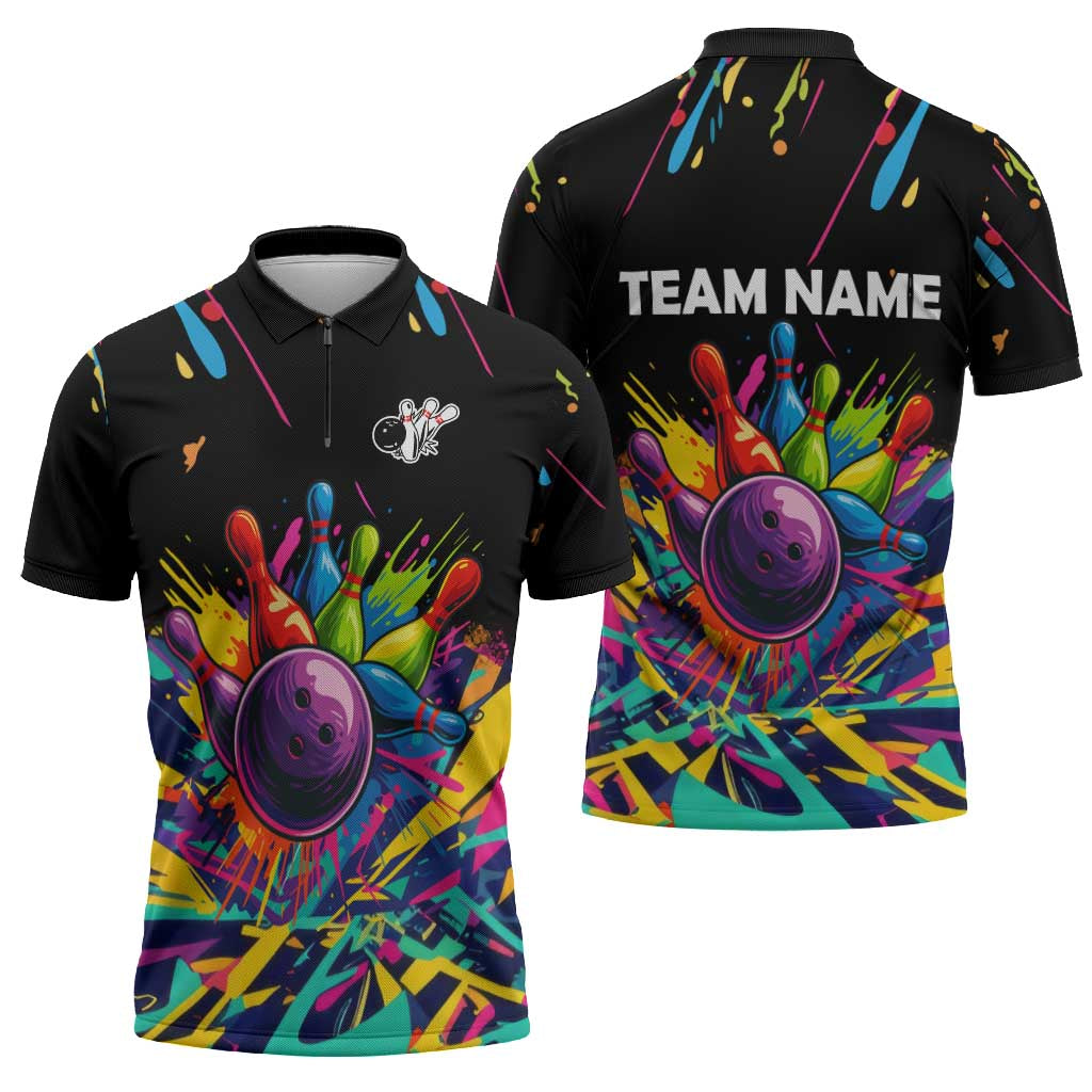 Colorful Bowling Ball and Pins Graphic Zipper Polo Shirt Custom with Paint Splash - Wonder Print Shop