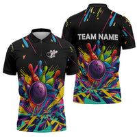 Colorful Bowling Ball and Pins Graphic Zipper Polo Shirt Custom with Paint Splash - Wonder Print Shop