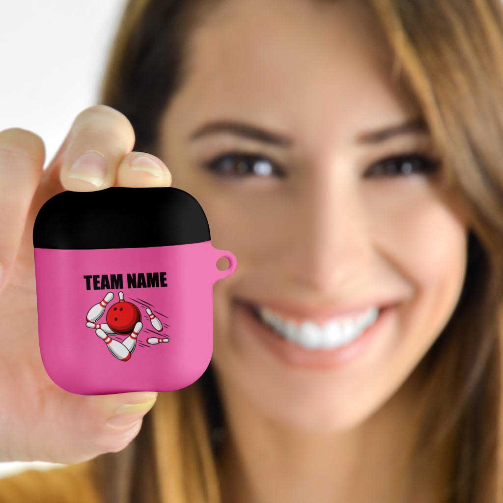 Pink and Black Bowling AirPods Case Design with Red Ball and Pins and Custom Team Name Graphic - Wonder Print Shop