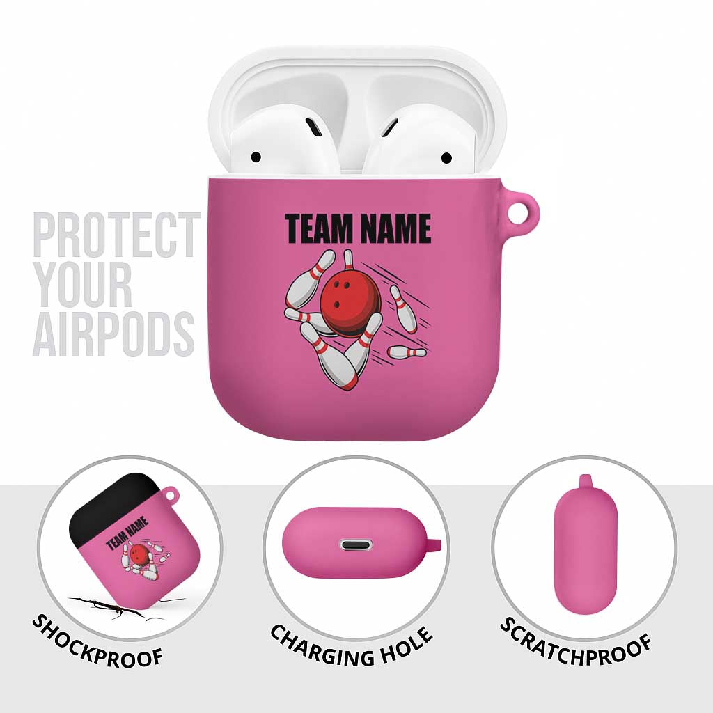 Pink and Black Bowling AirPods Case Design with Red Ball and Pins and Custom Team Name Graphic - Wonder Print Shop