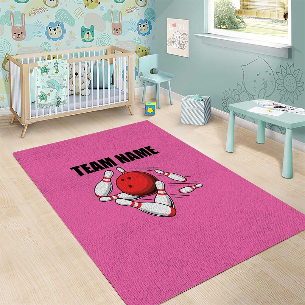 Pink and Black Bowling Area Rug Design with Red Ball and Pins and Custom Team Name Graphic - Wonder Print Shop