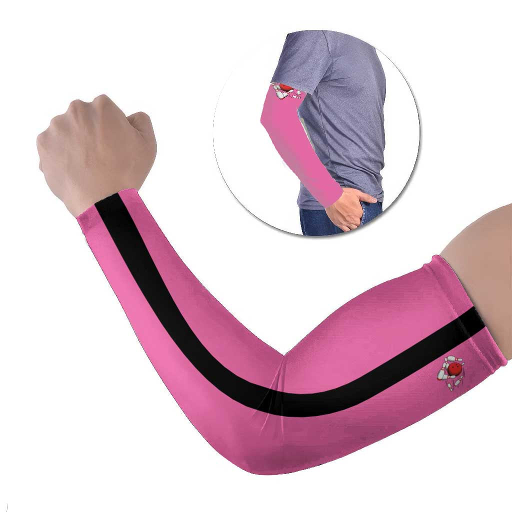 Pink and Black Bowling Arm Sleeves Design with Red Ball and Pins and Custom Team Name Graphic - Wonder Print Shop