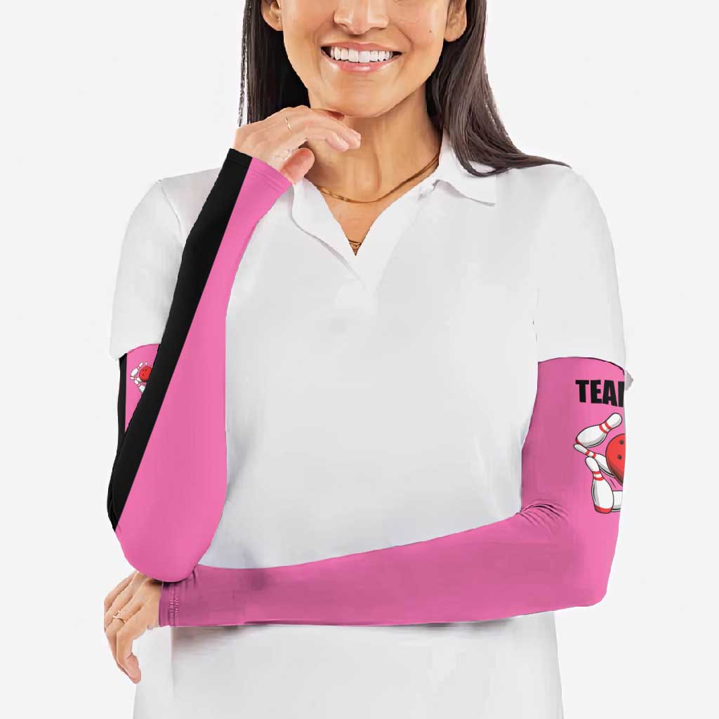 Pink and Black Bowling Arm Sleeves Design with Red Ball and Pins and Custom Team Name Graphic - Wonder Print Shop
