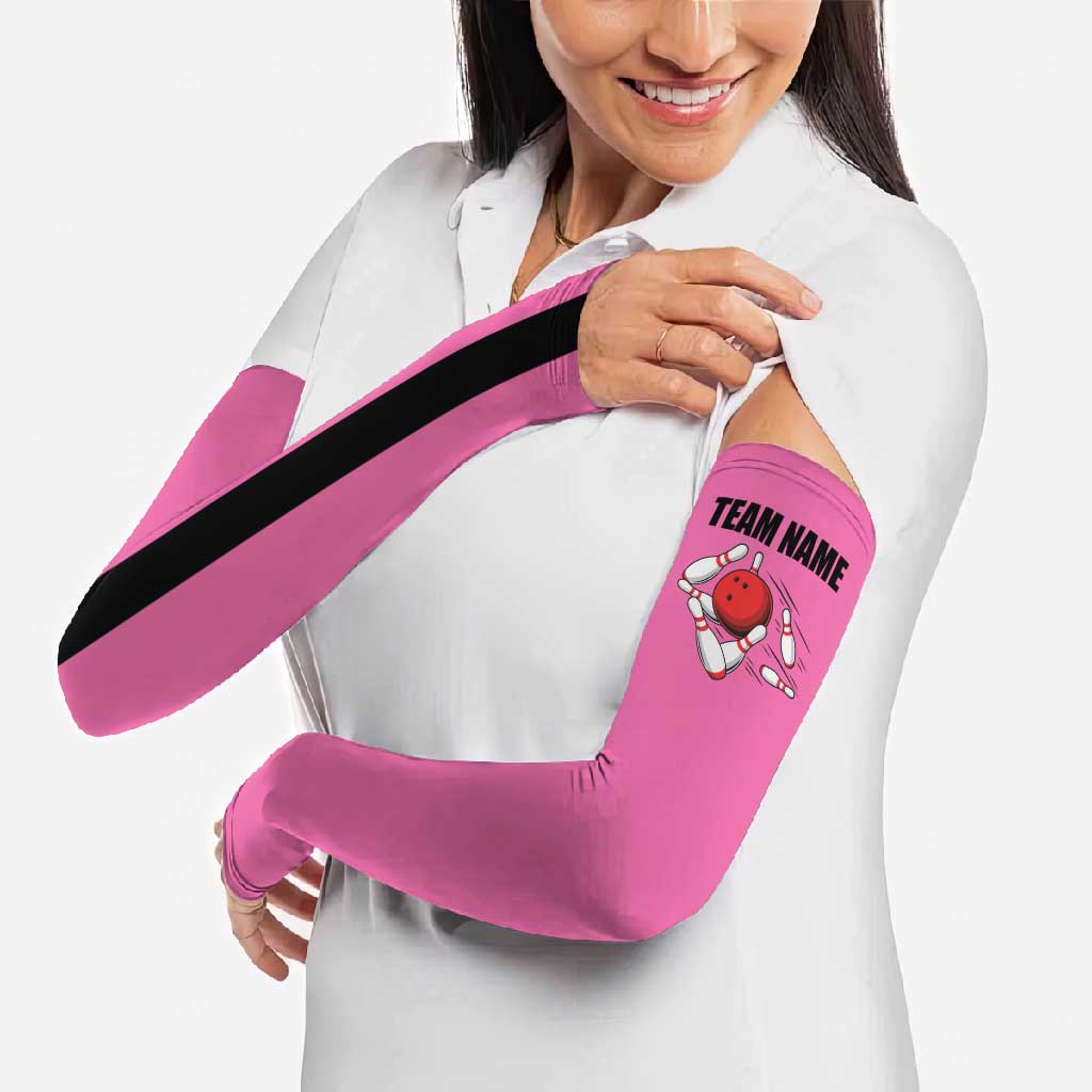Pink and Black Bowling Arm Sleeves Design with Red Ball and Pins and Custom Team Name Graphic - Wonder Print Shop