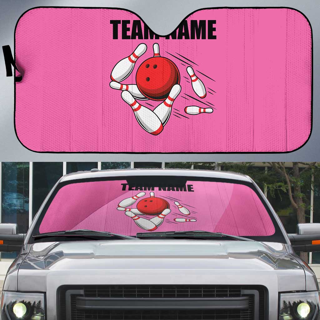 Pink and Black Bowling Auto Sun Shade Design with Red Ball and Pins and Custom Team Name Graphic - Wonder Print Shop