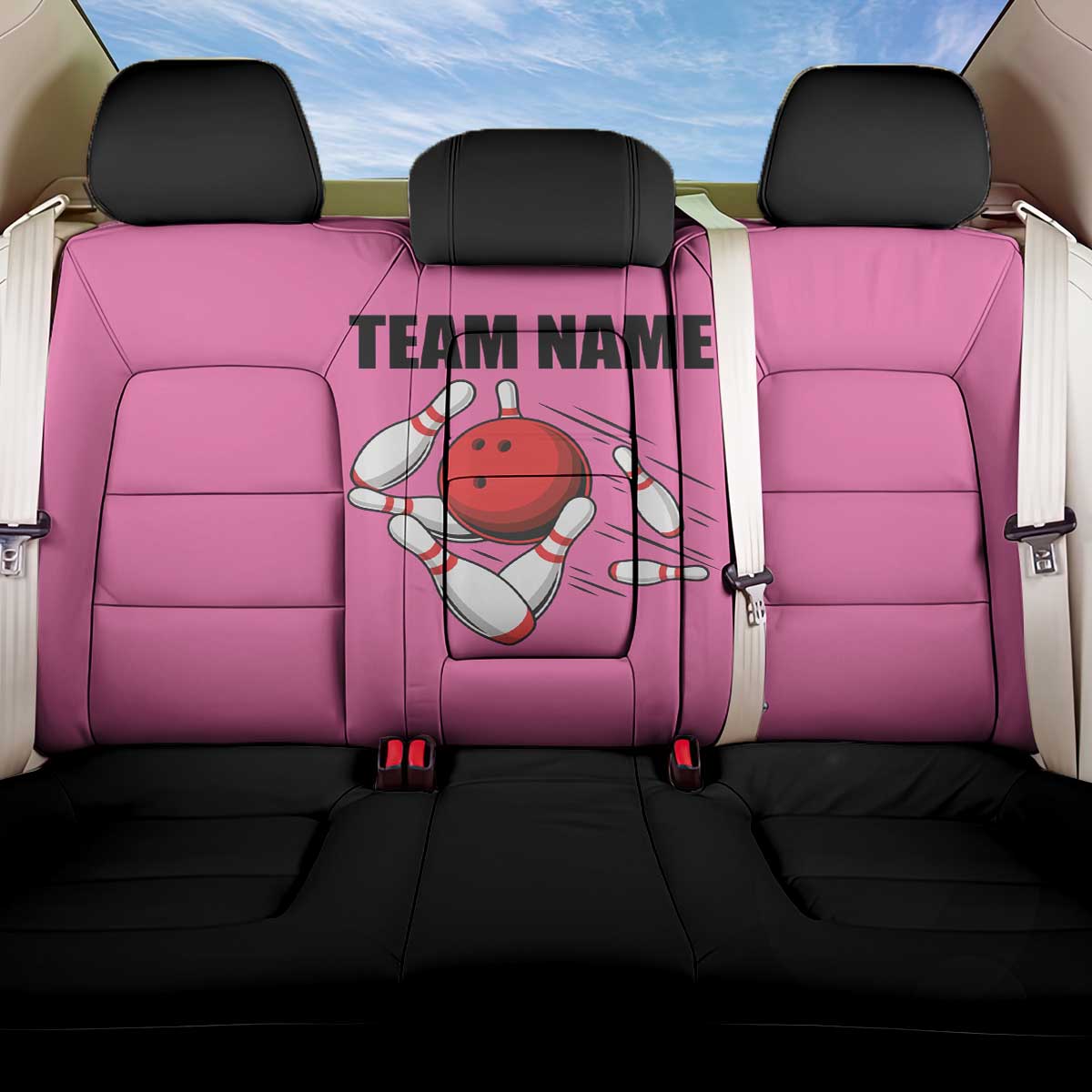 Pink and Black Bowling Back Car Seat Cover Design with Red Ball and Pins and Custom Team Name Graphic - Wonder Print Shop