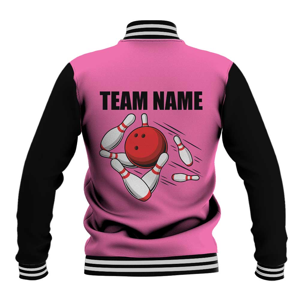 Pink and Black Bowling Baseball Jacket Design with Red Ball and Pins and Custom Team Name Graphic - Wonder Print Shop