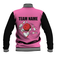 Pink and Black Bowling Baseball Jacket Design with Red Ball and Pins and Custom Team Name Graphic - Wonder Print Shop