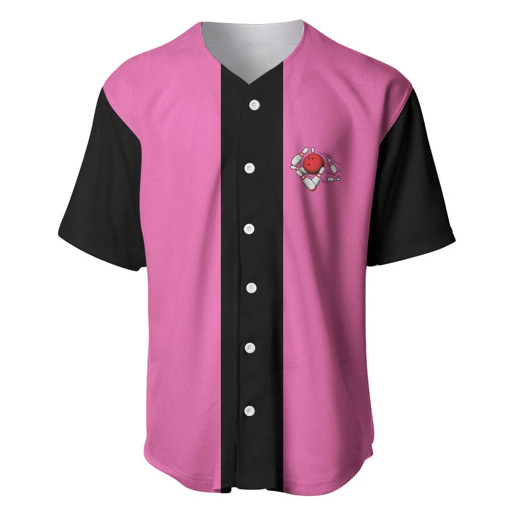 Pink and Black Bowling Baseball Jersey Design with Red Ball and Pins and Custom Team Name Graphic - Wonder Print Shop