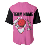 Pink and Black Bowling Baseball Jersey Design with Red Ball and Pins and Custom Team Name Graphic - Wonder Print Shop