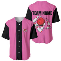 Pink and Black Bowling Baseball Jersey Design with Red Ball and Pins and Custom Team Name Graphic - Wonder Print Shop