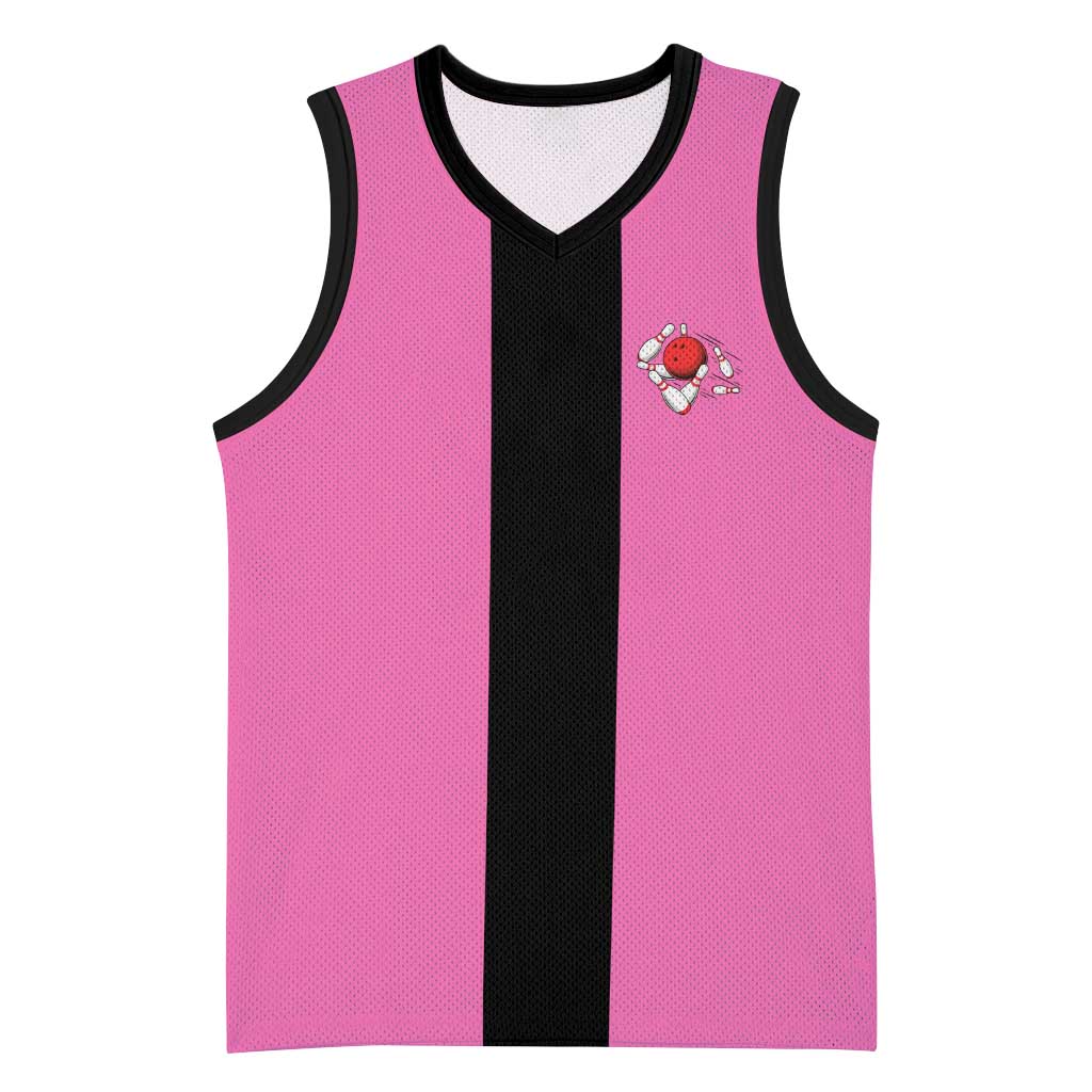 Pink and Black Bowling Basketball Jersey Design with Red Ball and Pins and Custom Team Name Graphic - Wonder Print Shop