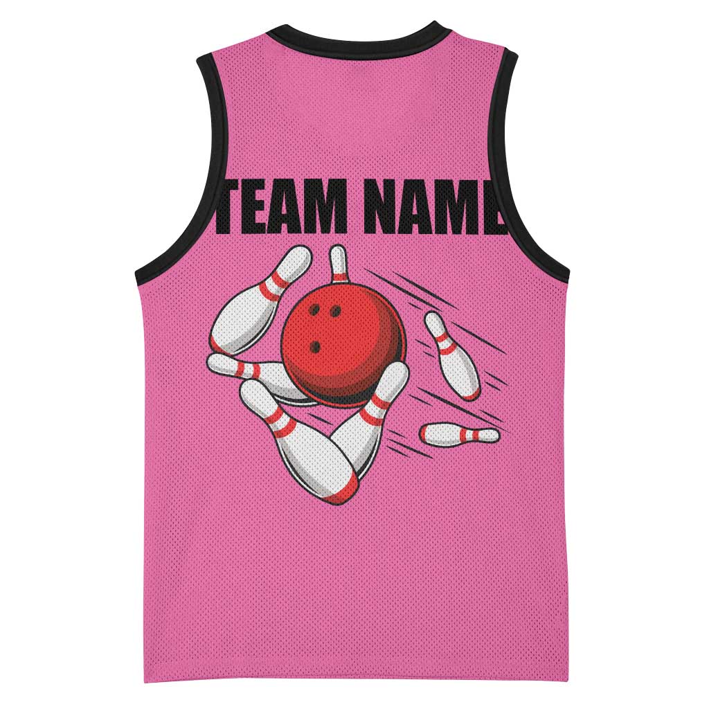 Pink and Black Bowling Basketball Jersey Design with Red Ball and Pins and Custom Team Name Graphic - Wonder Print Shop