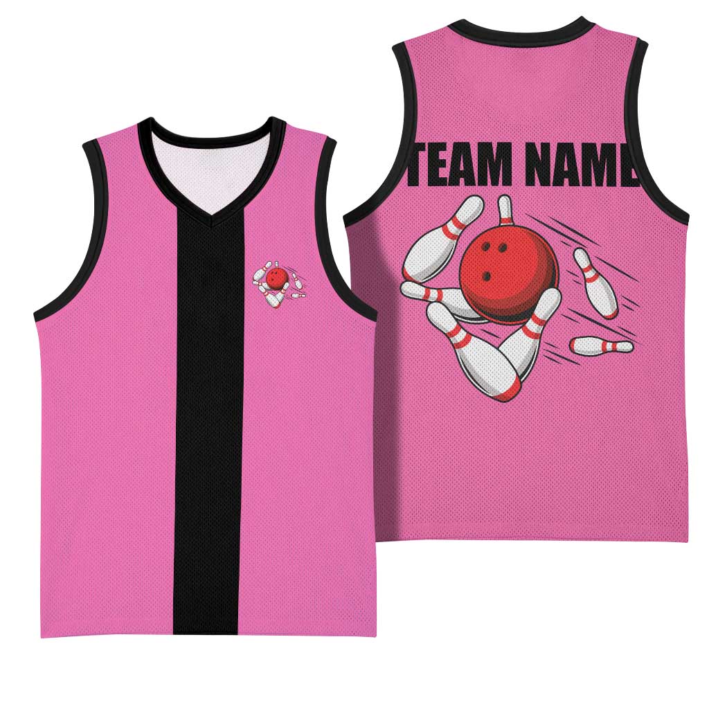 Pink and Black Bowling Basketball Jersey Design with Red Ball and Pins and Custom Team Name Graphic - Wonder Print Shop