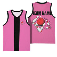 Pink and Black Bowling Basketball Jersey Design with Red Ball and Pins and Custom Team Name Graphic - Wonder Print Shop
