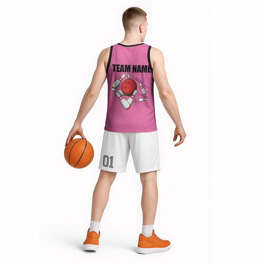 Pink and Black Bowling Basketball Jersey Design with Red Ball and Pins and Custom Team Name Graphic - Wonder Print Shop