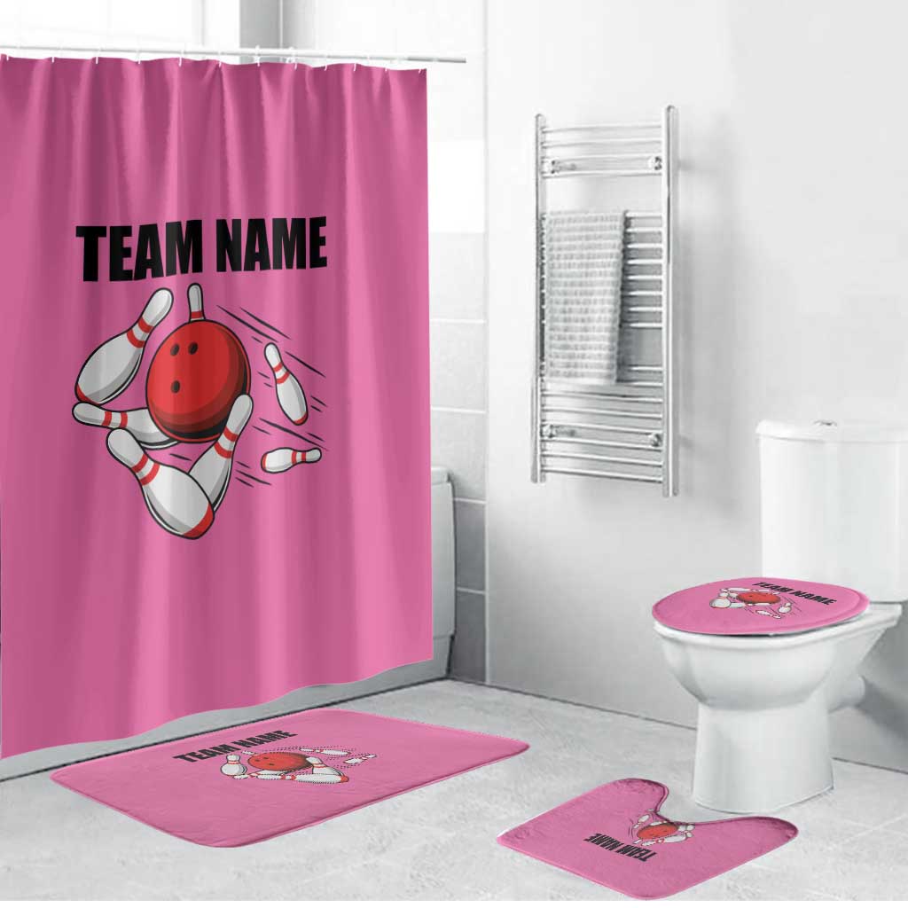 Pink and Black Bowling Bathroom Set Design with Red Ball and Pins and Custom Team Name Graphic - Wonder Print Shop