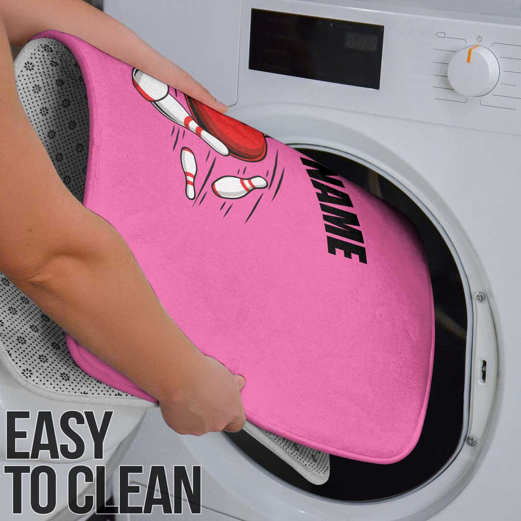 Pink and Black Bowling Bathroom Set Design with Red Ball and Pins and Custom Team Name Graphic - Wonder Print Shop