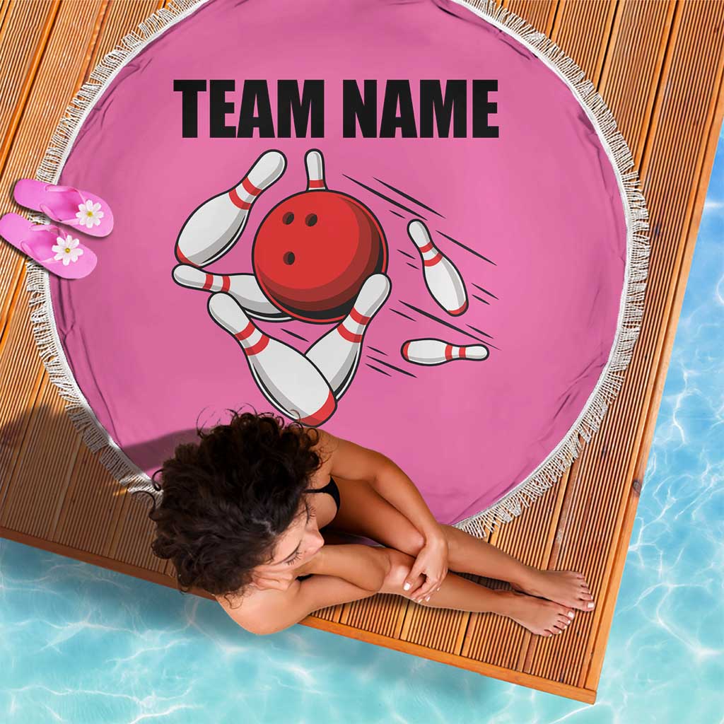 Pink and Black Bowling Beach Blanket Design with Red Ball and Pins and Custom Team Name Graphic - Wonder Print Shop