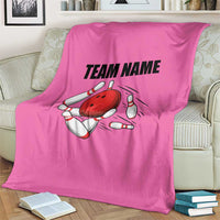Pink and Black Bowling Blanket Design with Red Ball and Pins and Custom Team Name Graphic - Wonder Print Shop