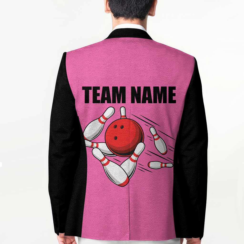 Pink and Black Bowling Blazer Design with Red Ball and Pins and Custom Team Name Graphic - Wonder Print Shop