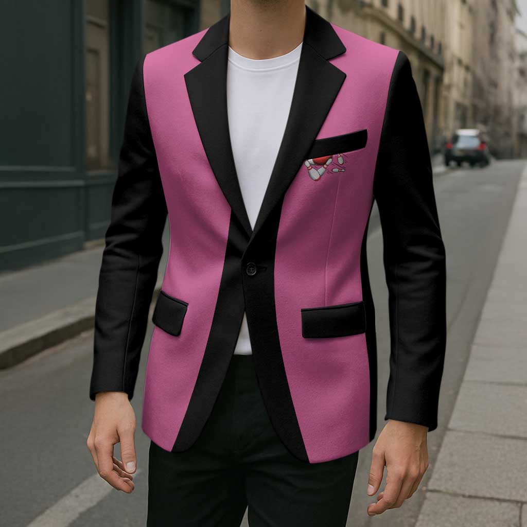 Pink and Black Bowling Blazer Design with Red Ball and Pins and Custom Team Name Graphic - Wonder Print Shop