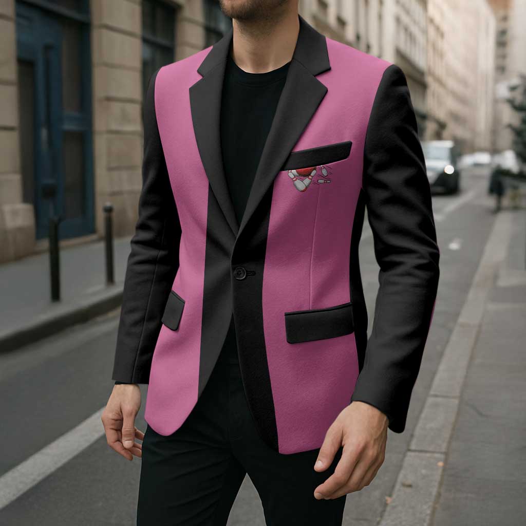 Pink and Black Bowling Blazer Design with Red Ball and Pins and Custom Team Name Graphic - Wonder Print Shop