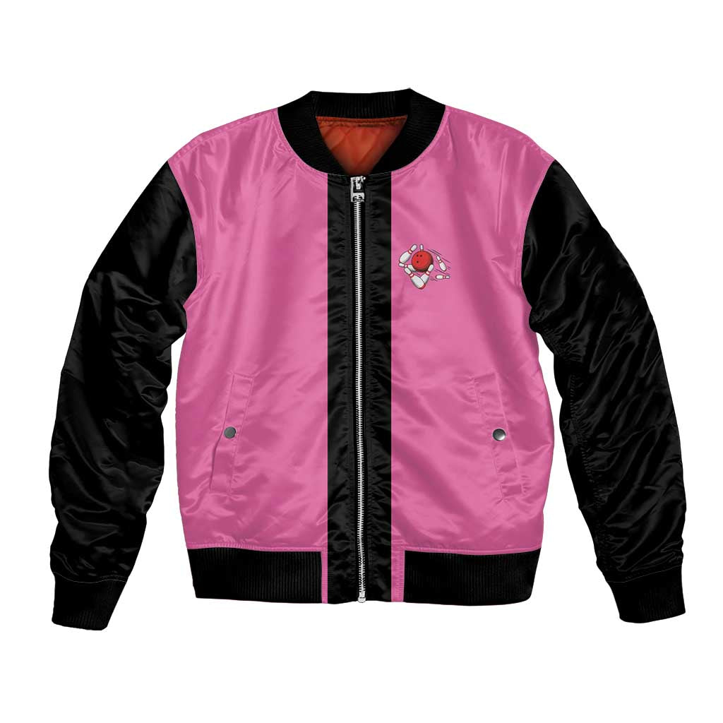 Pink and Black Bowling Bomber Jacket Design with Red Ball and Pins and Custom Team Name Graphic - Wonder Print Shop