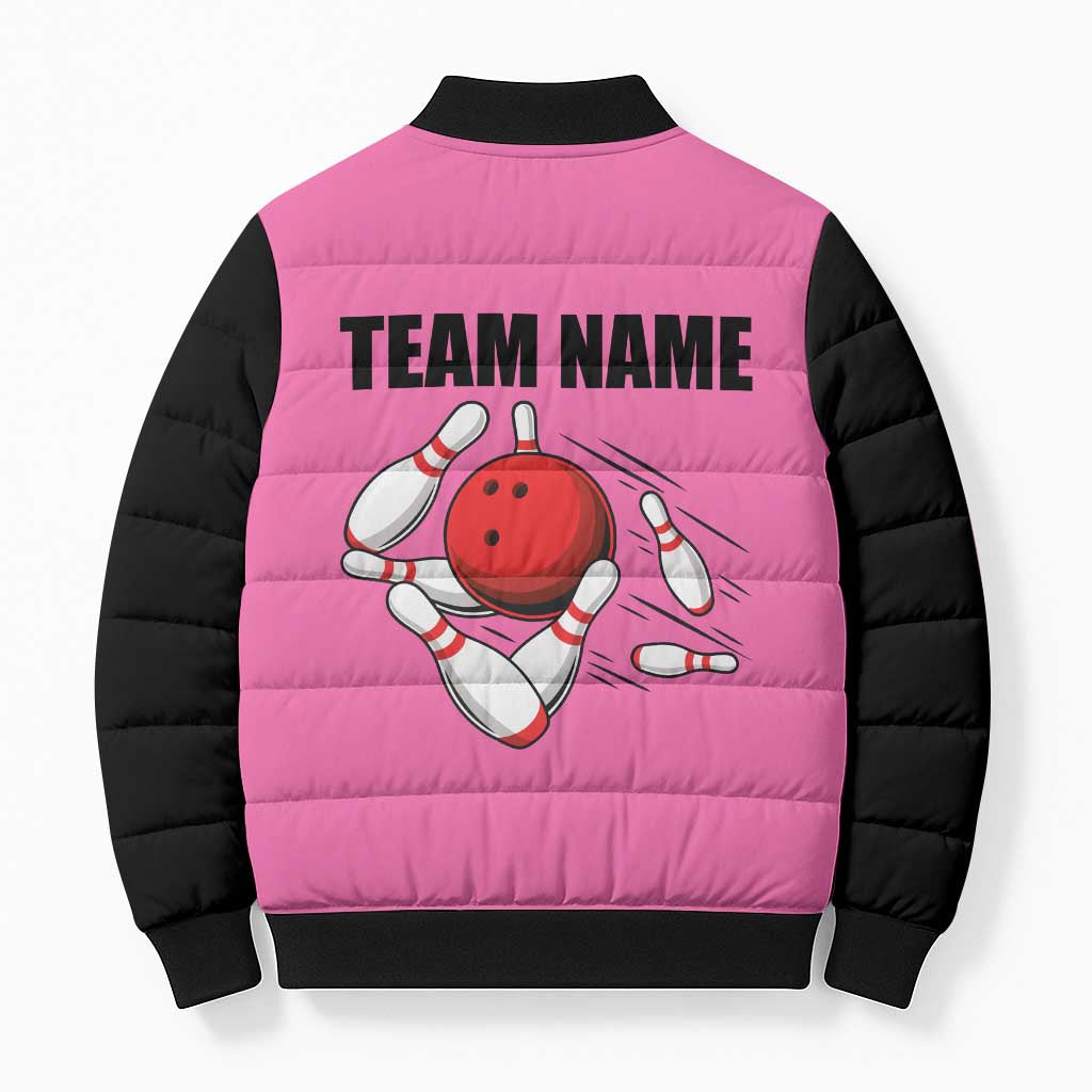 Pink and Black Bowling Bomber Puffer Jacket Design with Red Ball and Pins and Custom Team Name Graphic - Wonder Print Shop