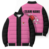 Pink and Black Bowling Bomber Puffer Jacket Design with Red Ball and Pins and Custom Team Name Graphic - Wonder Print Shop