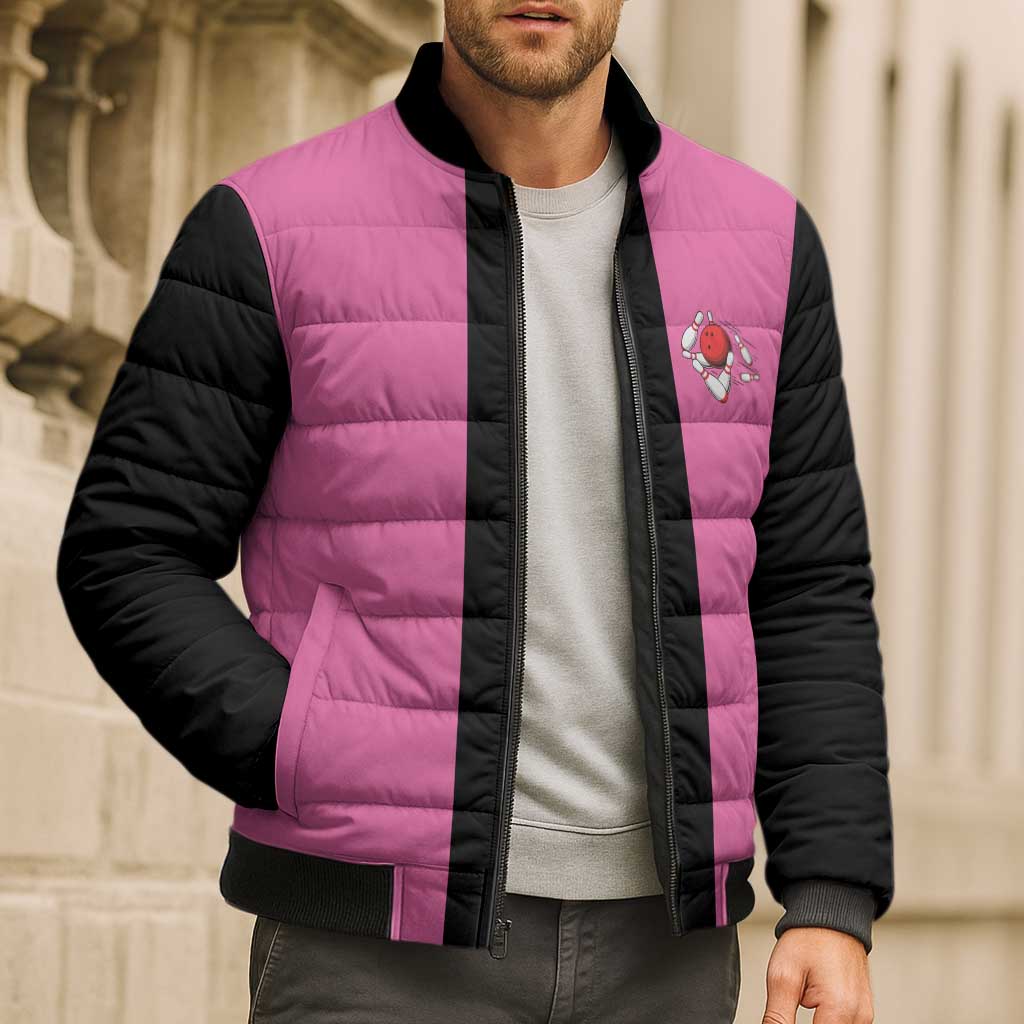 Pink and Black Bowling Bomber Puffer Jacket Design with Red Ball and Pins and Custom Team Name Graphic - Wonder Print Shop