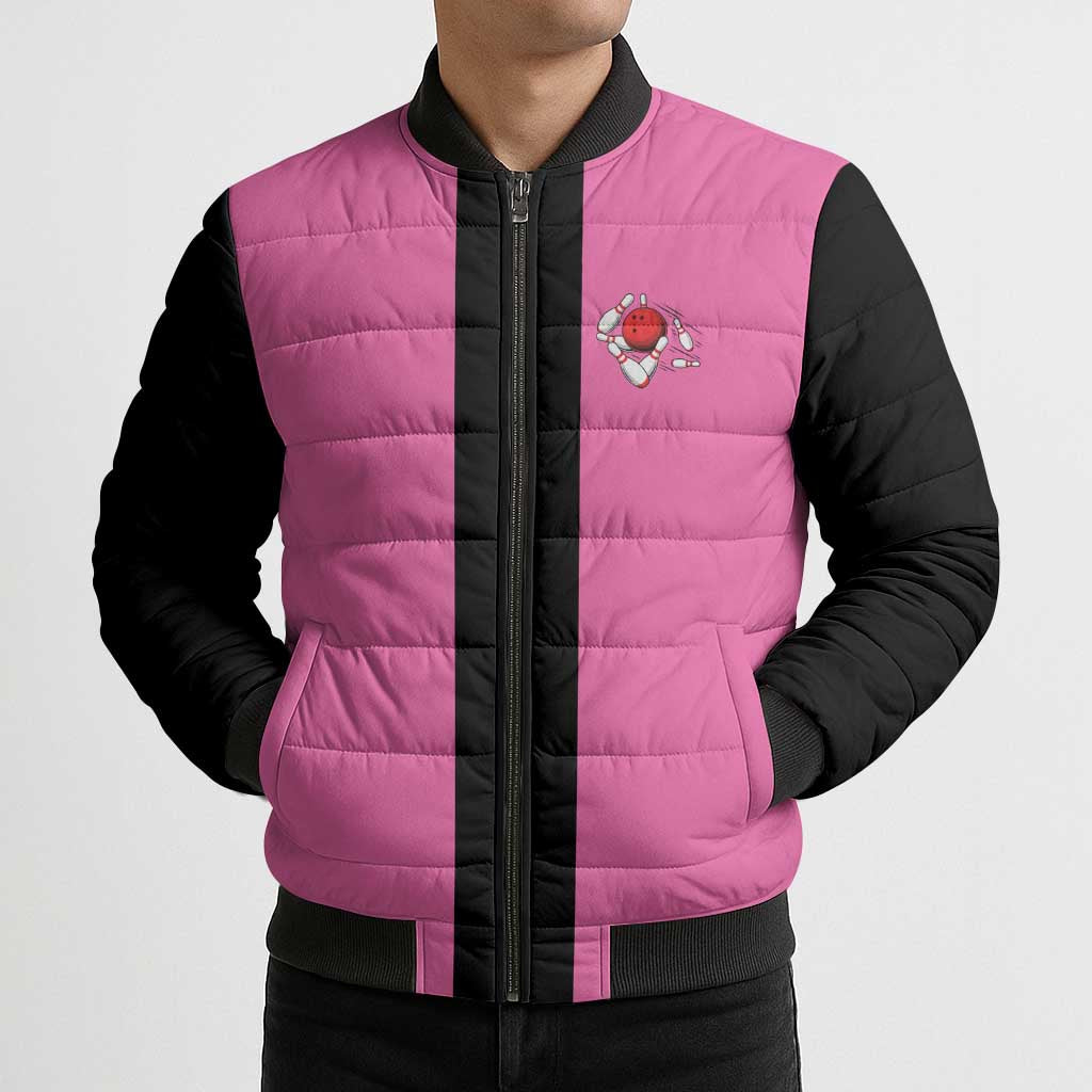 Pink and Black Bowling Bomber Puffer Jacket Design with Red Ball and Pins and Custom Team Name Graphic - Wonder Print Shop