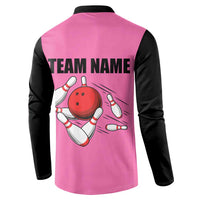Pink and Black Bowling Button Sweatshirt Design with Red Ball and Pins and Custom Team Name Graphic - Wonder Print Shop