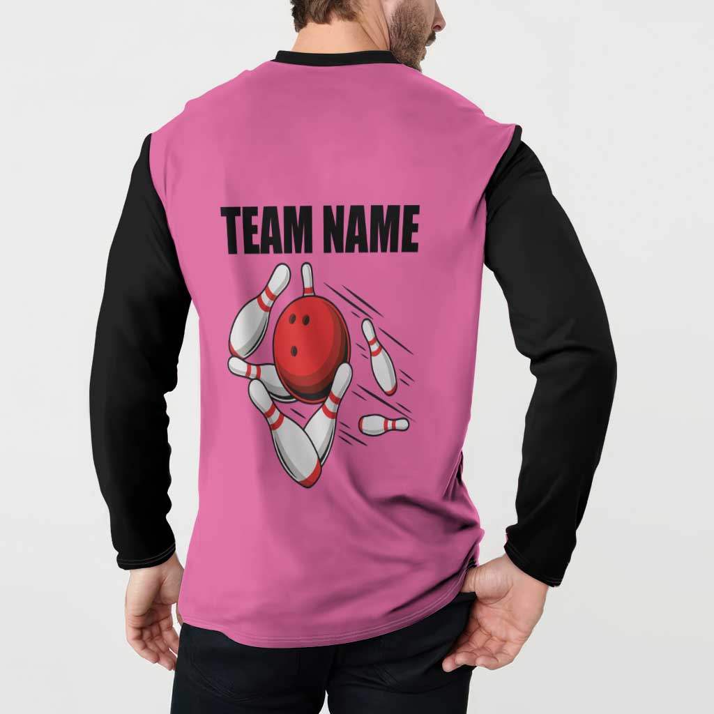 Pink and Black Bowling Button Sweatshirt Design with Red Ball and Pins and Custom Team Name Graphic - Wonder Print Shop