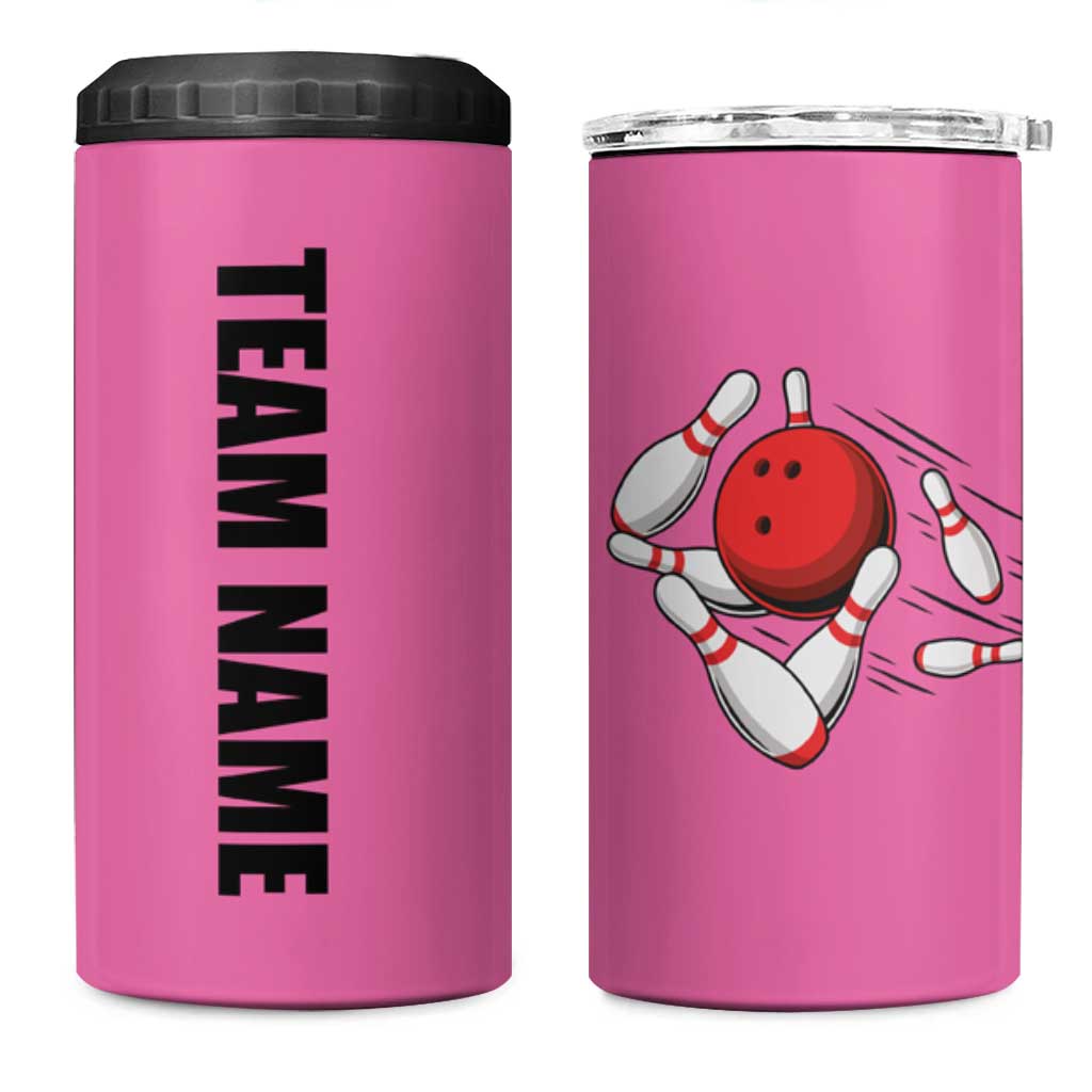 Pink and Black Bowling 4 in 1 Can Cooler Tumbler Design with Red Ball and Pins and Custom Team Name Graphic - Wonder Print Shop