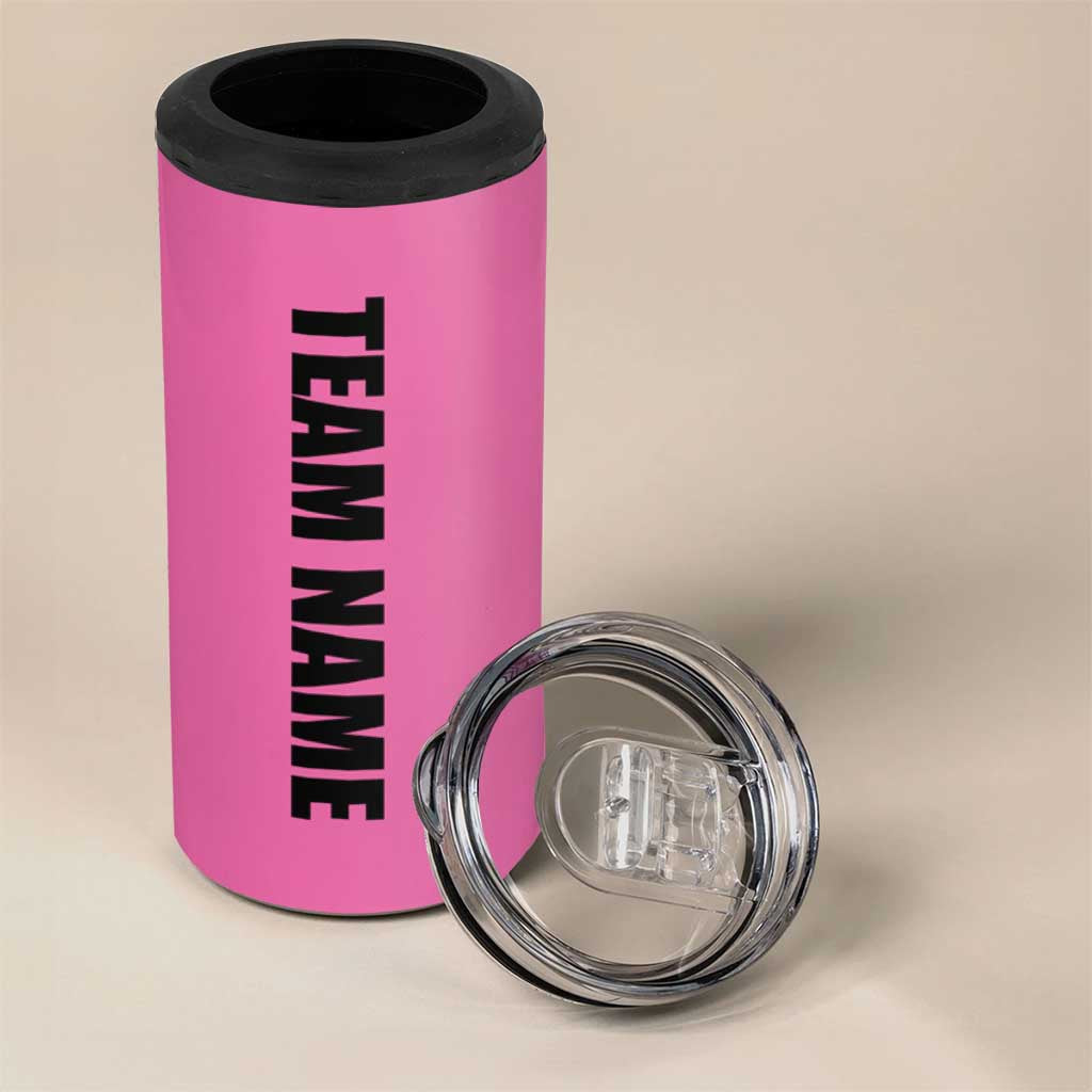 Pink and Black Bowling 4 in 1 Can Cooler Tumbler Design with Red Ball and Pins and Custom Team Name Graphic - Wonder Print Shop
