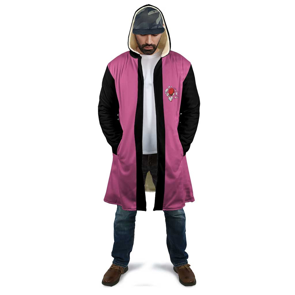 Pink and Black Bowling Cloak Design with Red Ball and Pins and Custom Team Name Graphic - Wonder Print Shop