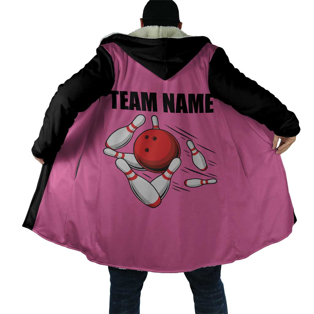 Pink and Black Bowling Cloak Design with Red Ball and Pins and Custom Team Name Graphic - Wonder Print Shop