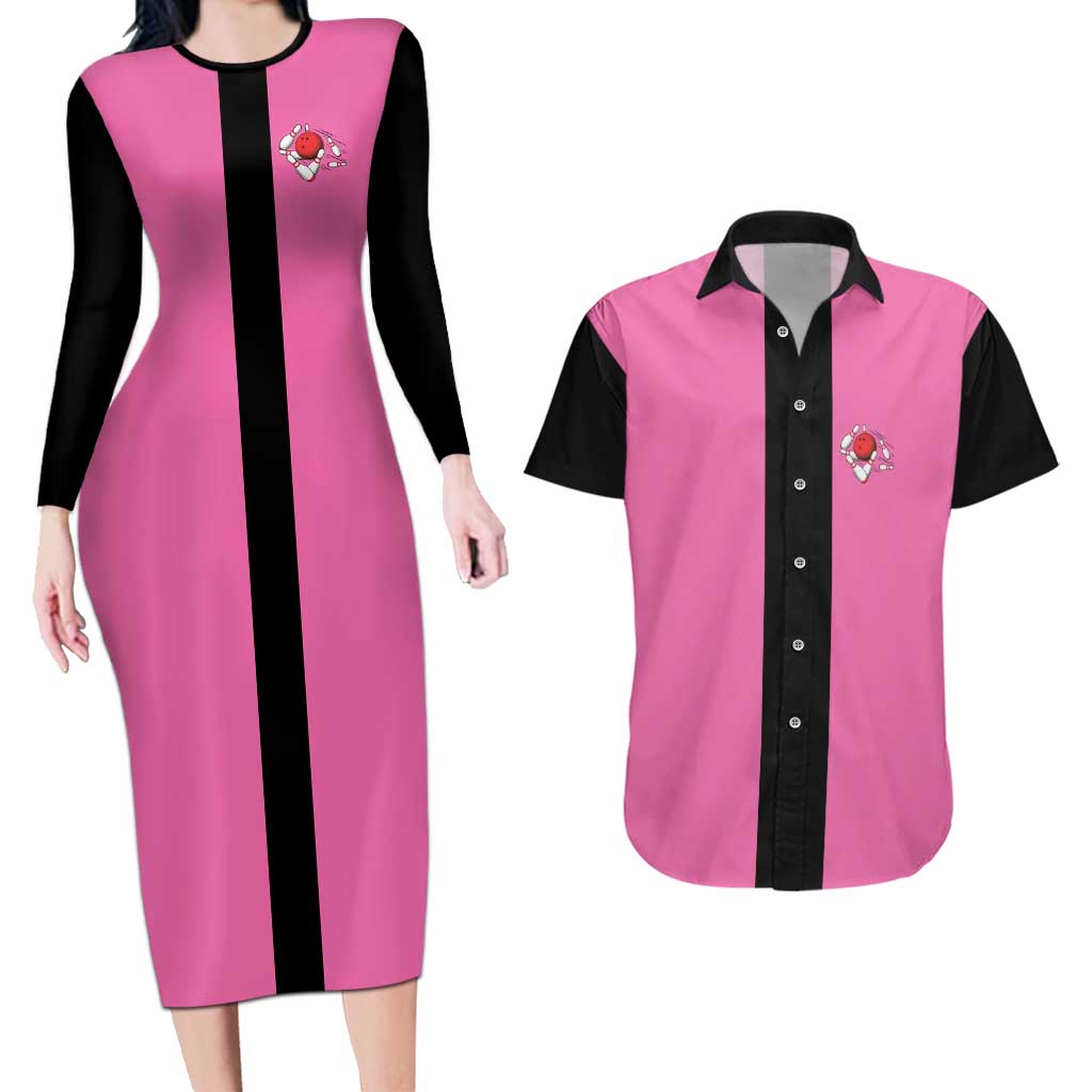 Pink and Black Bowling Couples Matching Long Sleeve Bodycon Dress and Hawaiian Shirt Design with Red Ball and Pins and Custom Team Name Graphic - Wonder Print Shop